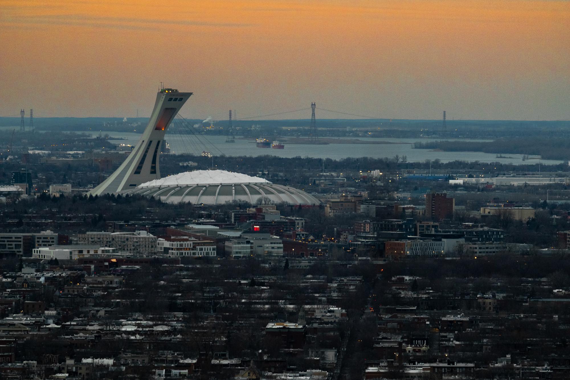 An overhead view of the Montréal Olympic Park.