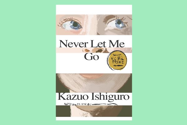 An illustration of a book cover with a girl’s face with blue eyes, with “Never Let Me Go” written across it and “Kazuo Ishiguro” written under it.