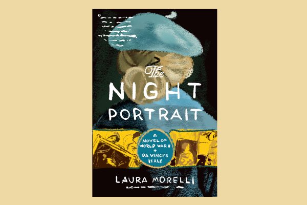 An illustration of a book cover with a woman’s back wearing a blue outfit with a bun. In white font it says “The Night Portrait: A Novel of World War II and da Vinci's Italy.” The author is credited as “Laura Morelli” in white font at the bottom.