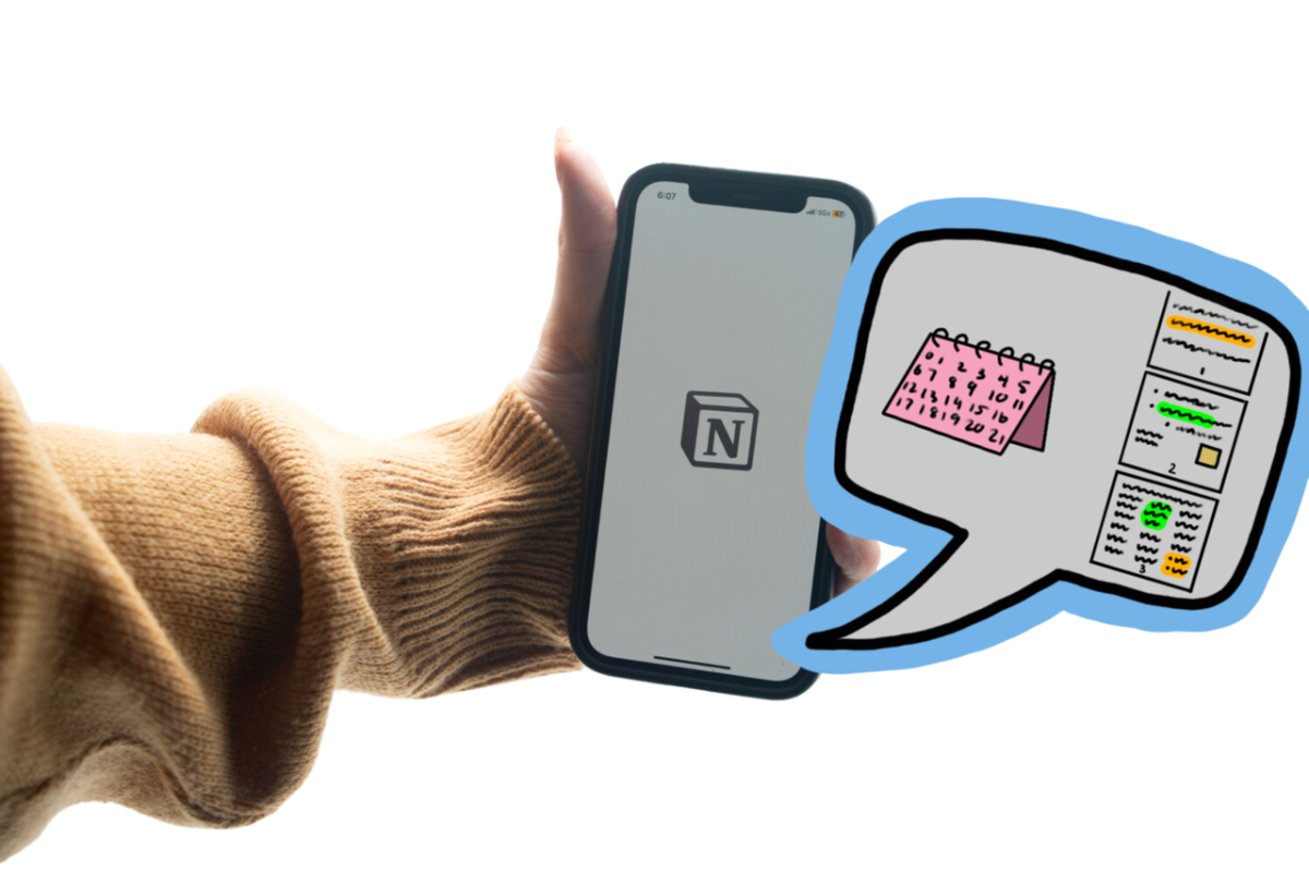 A hand holding a phone with the app “Notion” open. An illustration of a calendar and notes is coming out of the phone.
