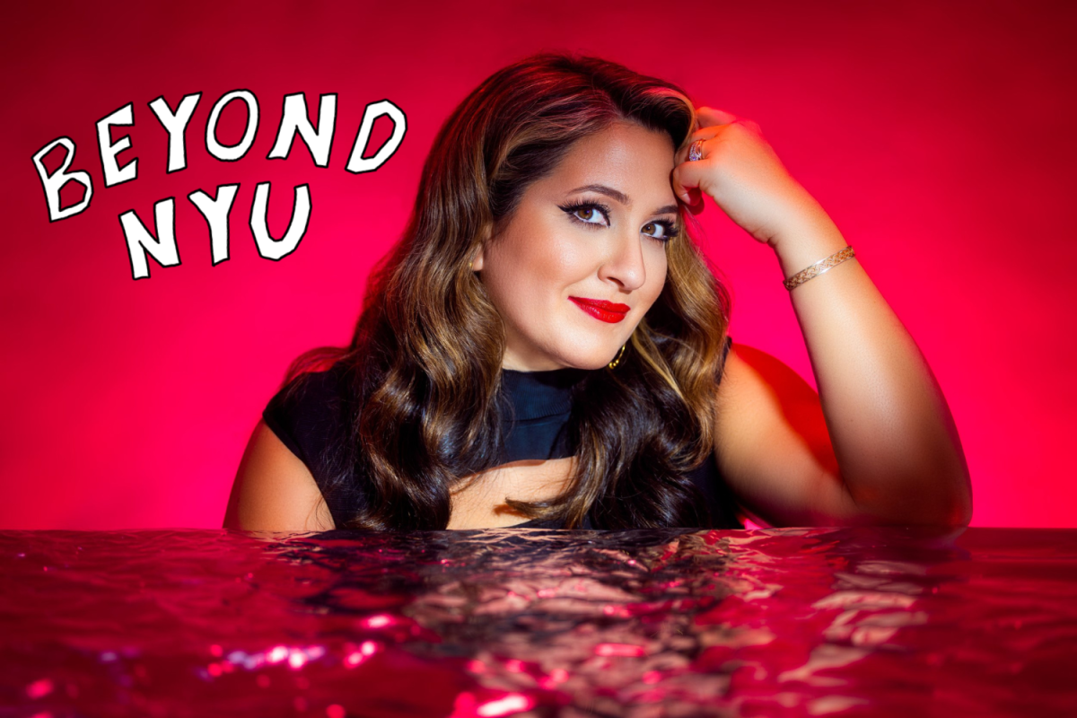 A graphic featuring a woman in front of a red background with the hand-drawn words “BEYOND N.Y.U.” next to him.