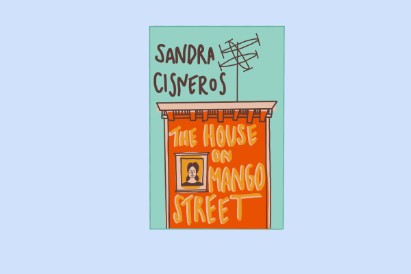 An illustration of an orange house with the words “THE HOUSE ON MANGO STREET” written across it, and a girl sitting in the window. The name “Sandra Cisneros” is written above the house.