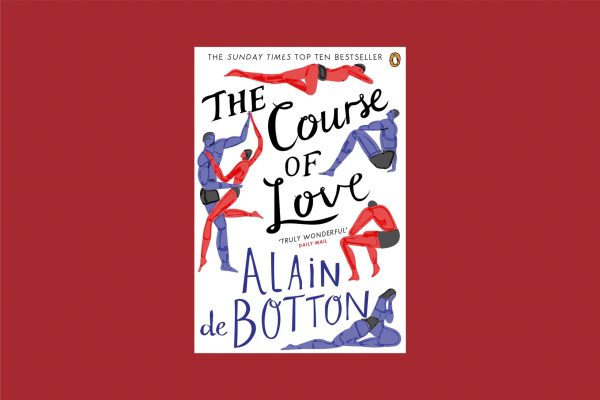 White book cover on a red background titled “THE COURSE OF LOVE BY ALAIN DE BOTTON” in black and blue cursive. Blue and red silhouette drawings dance together and appear multiple times crouching or lying down.
