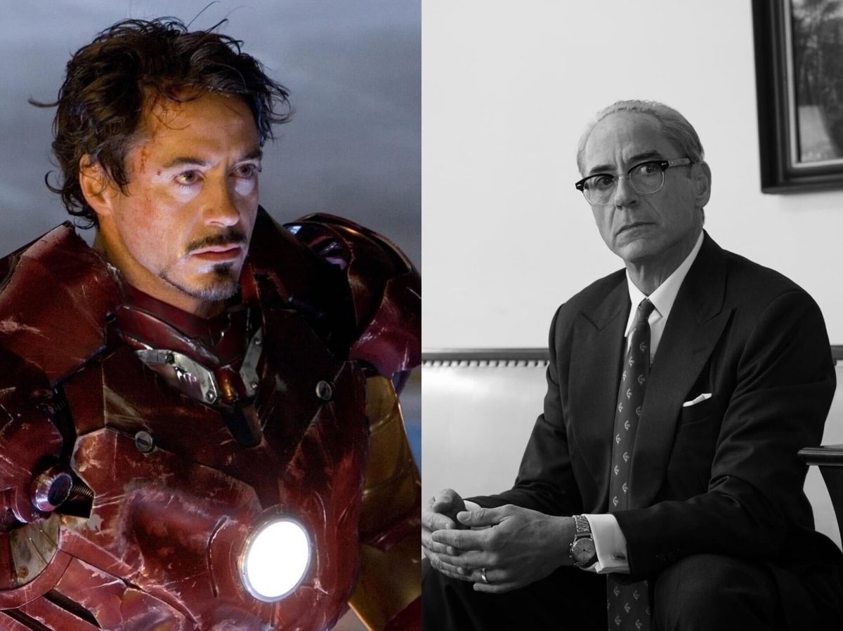 A collage of two photos. On the left is a man in a red robotic suit. On the right is a black-and-white photo of a man in a suit and glasses.