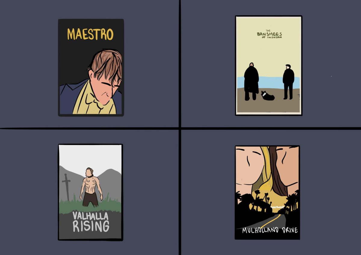 A collage of four movie posters. The upper left is a headshot of a man with his head down and the word "MAESTRO" above. The upper right is two men and a dog with the words “THE BANSHEES OF INISHERIN” above them. The bottom left is a man with a sword next to him under the words “VALHALLA RISING.” The bottom right is two women collaged above a road with palm trees along the sides with the words “MULHOLLAND DRIVE.”