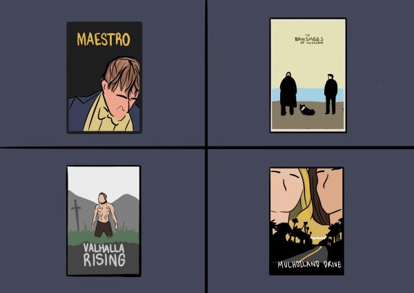 A collage of four movie posters. The upper left is a headshot of a man with his head down and the word MAESTRO above. The upper right is two men and a dog with the words “THE BANSHEES OF INISHERIN” above them. The bottom left is a man with a sword next to him under the words “VALHALLA RISING.” The bottom right is two women collaged above a road with palm trees along the sides with the words “MULHOLLAND DRIVE.”
