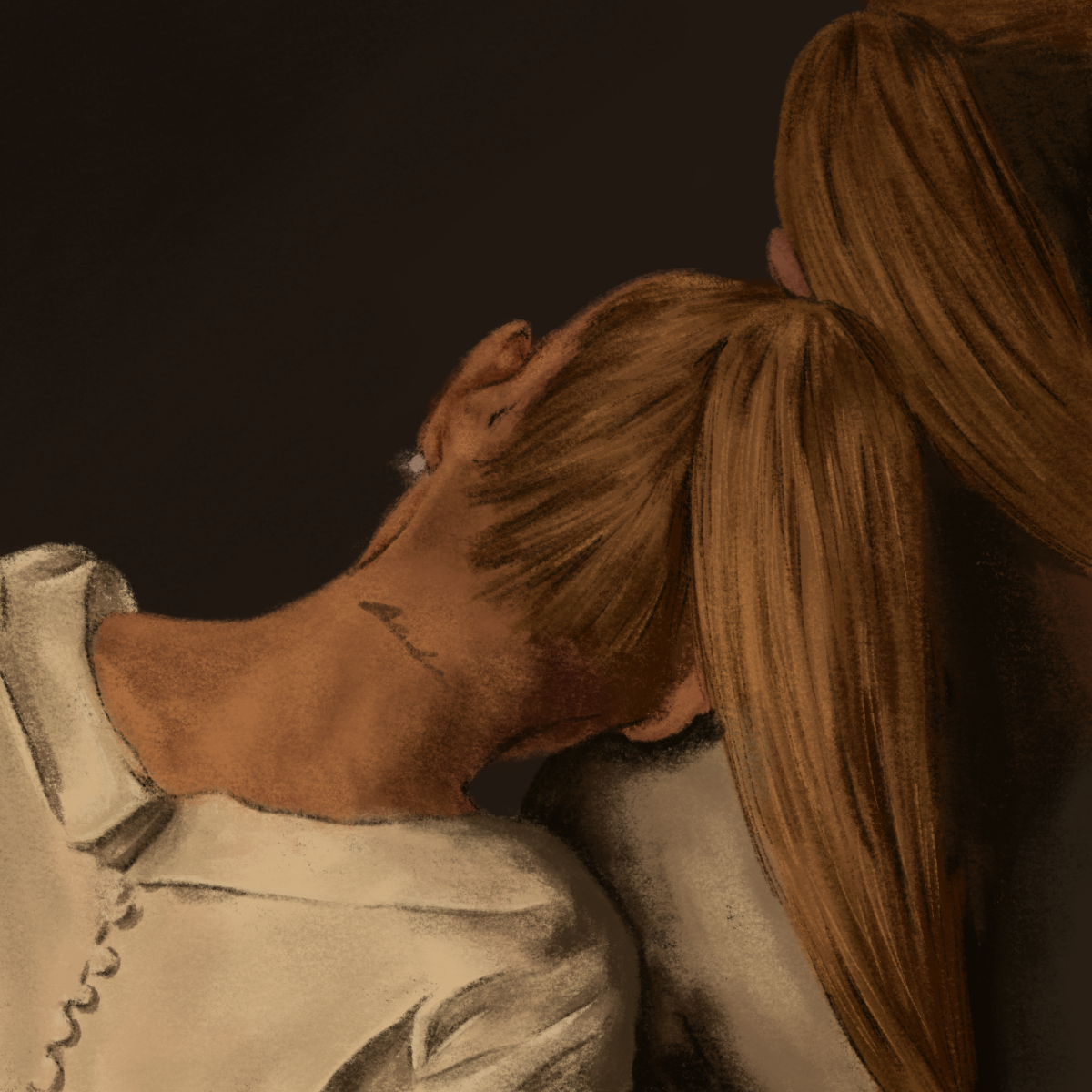 An illustration of Ariana Grande facing away and leaning against another version of herself.