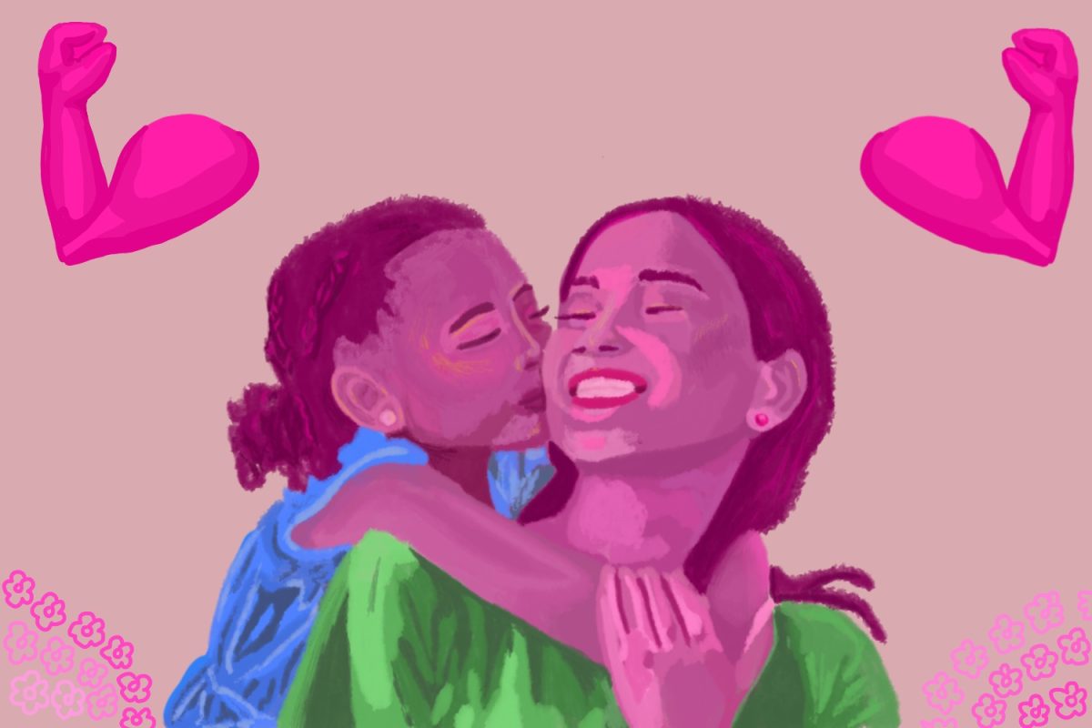 A pink illustration of a girl in a blue top hugging her mother, who is in a green top. In the background are pink flexed arms and flowers.