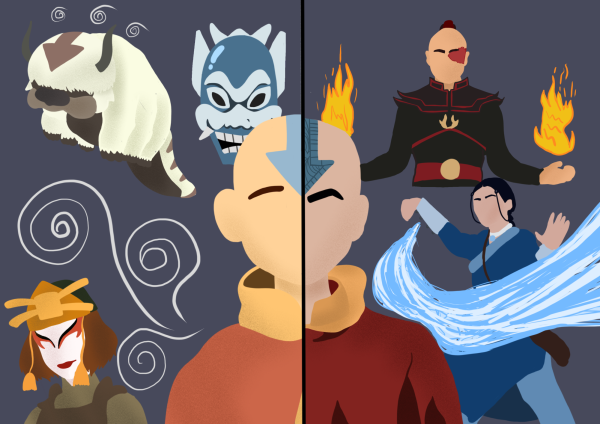 Split-image illustration of cartoon characters with a dark blue background. A young boy in orange clothes with an arrow tattoo on his forehead is at the center. A man and a woman controlling fire and water are on the right side. There’s a flying bison, blue mask and another woman in face paint with a headdress on the left.
