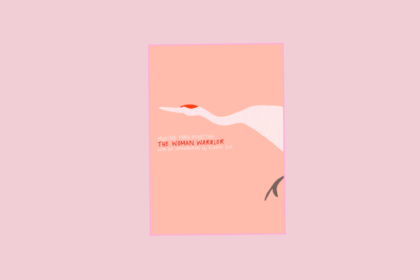 An illustration of a white crane bird’s neck and foot coming out of the right side of the cover, against a pink background. The words “Maxine Hong Kingston”, “THE WOMAN WARRIOR”, and “an introduction by Xiaolu Guo” are right next to the crane.