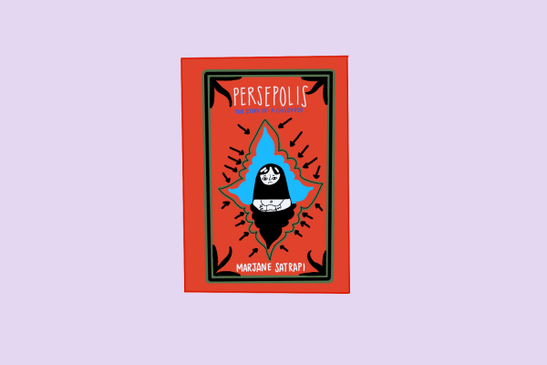 An illustration of a frowning girl sitting in an abstract blue shape against a red background with other abstract shapes around her. The words “PERSEPOLIS” and “THE STORY OF A CHILDHOOD” are above her and “MARJANE SATRAPI” is under her.