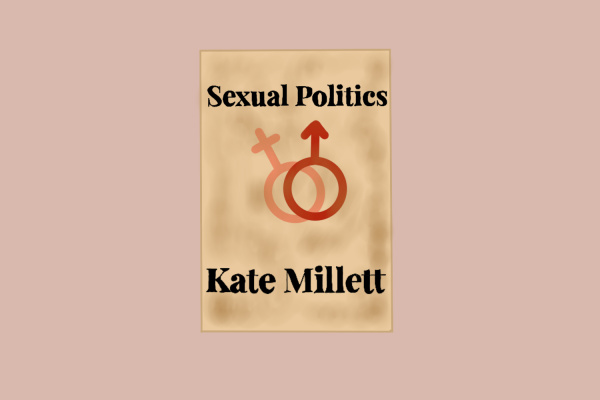 An illustration of an orange circle with a cross coming out of it is under a red circle with an arrow coming out of it, both against a yellow background. The title “Sexual Politics” is above the shapes and “Kate Millett” is under.