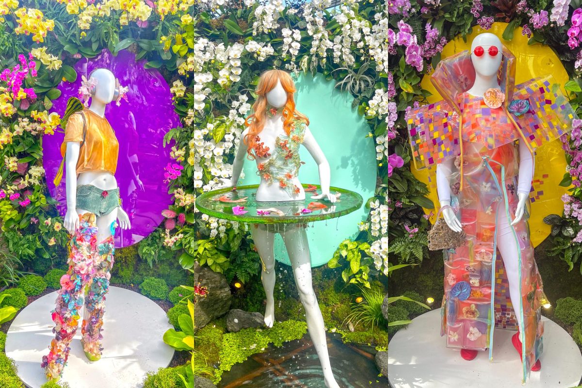 Three+images+of+colorful+floral+dresses+are+stitched+together+into+a+single+scene+with+a+green%2C+leafy+background.