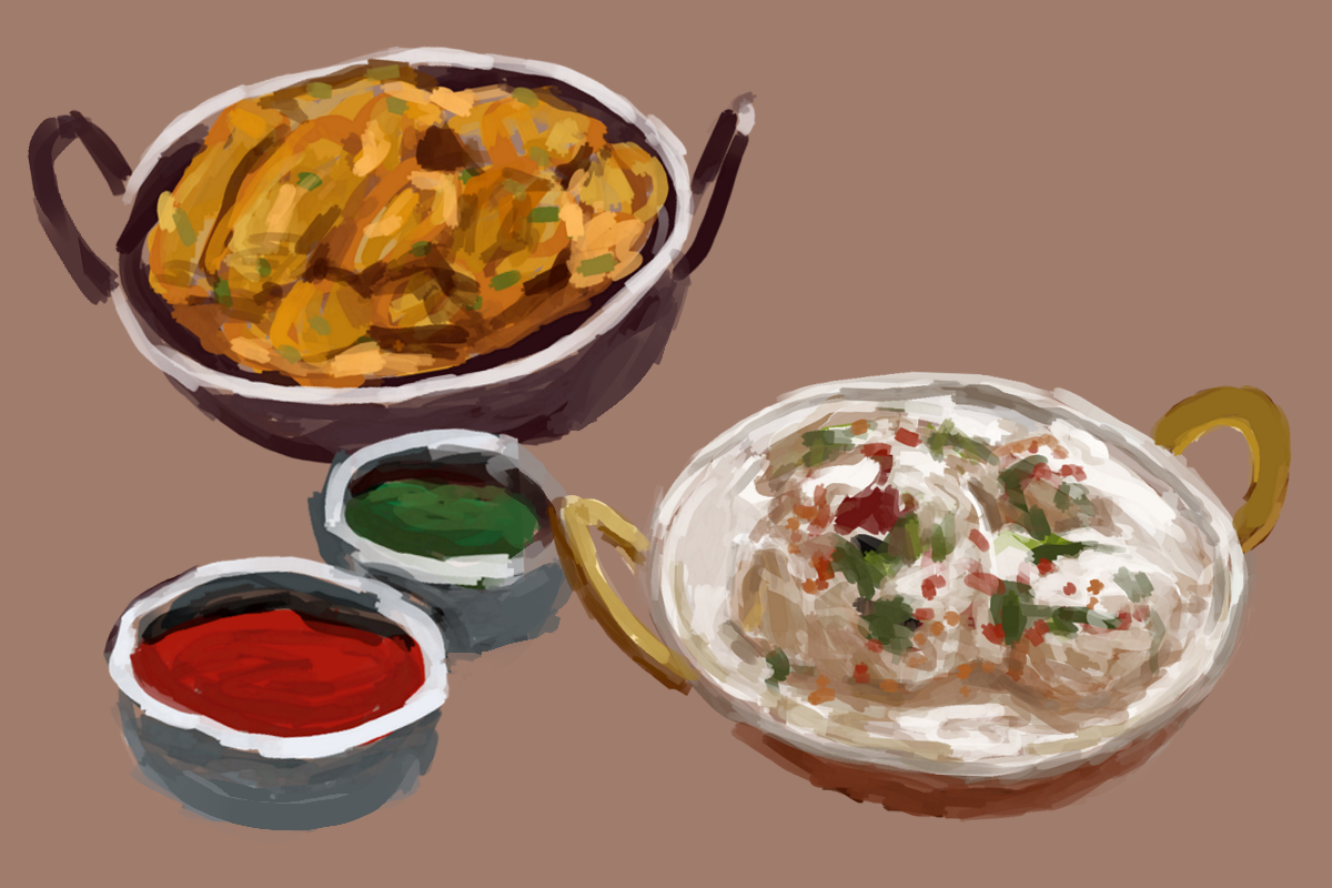 An illustration of a pan with deep fried battered vegetables, a dish with red sauce, a dish with green sauce and a pan with yogurt-covered dough balls.