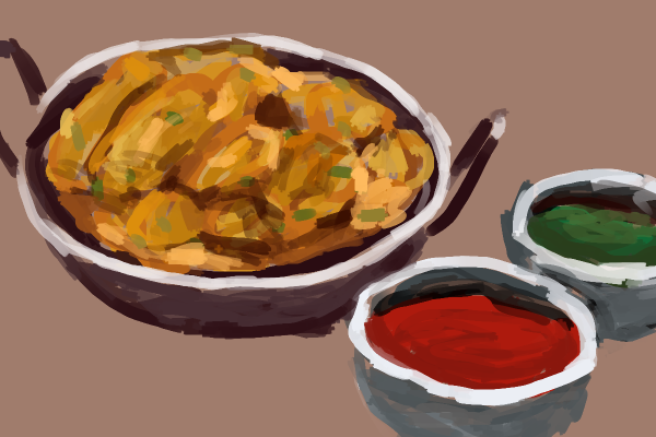An illustration of a pan with deep fried battered vegetables, a dish with red sauce and a dish with green sauce.