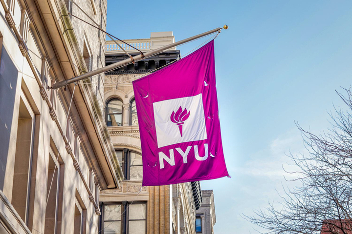 An image of a N.Y.U. flag, with the color purple edited into pink.