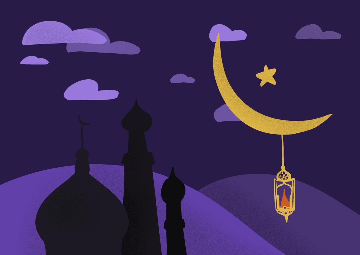An illustration of a star and crescent moon with a lantern hanging from the crescent moon. In the background is a mosque against a purple sky.