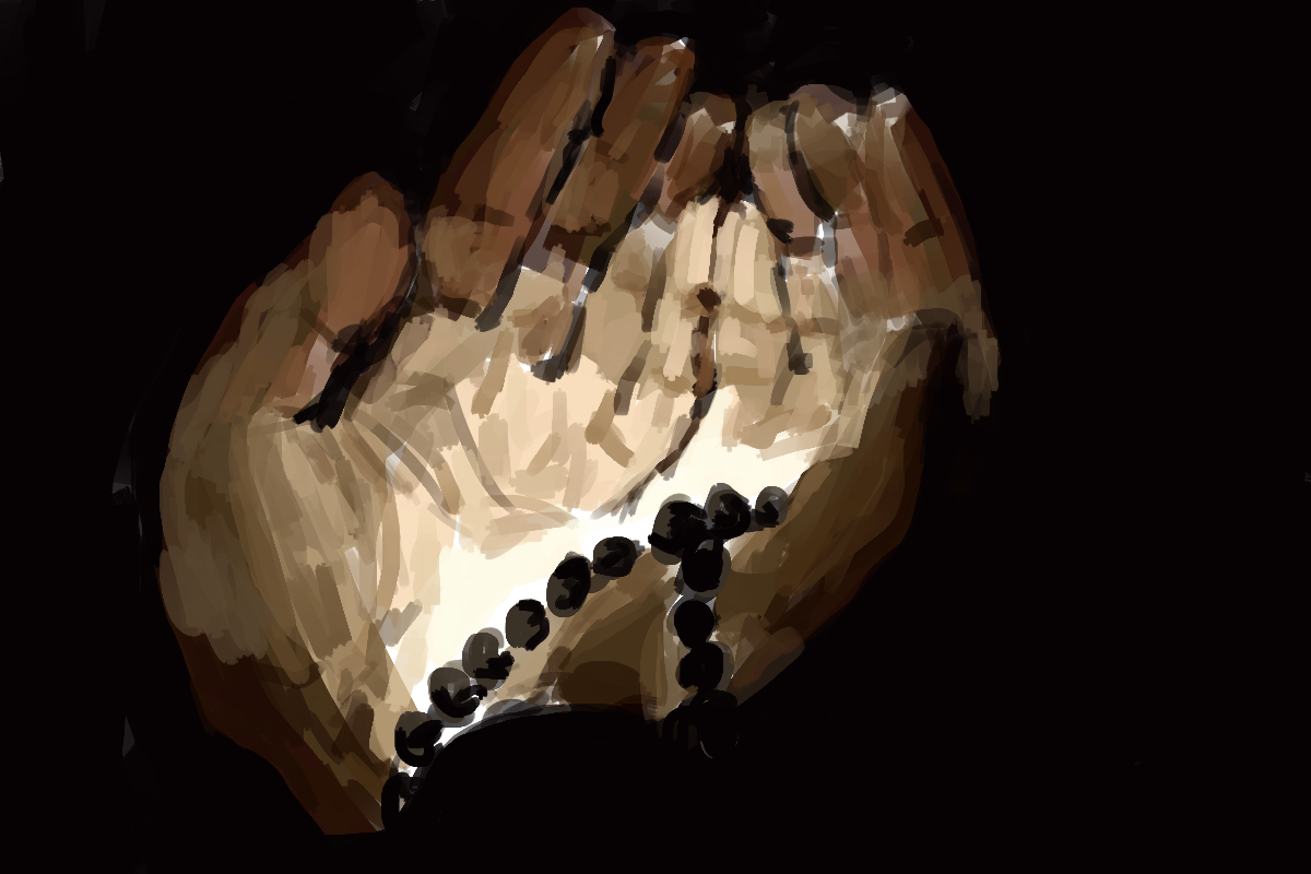 An+illustration+of+a+pair+of+hands+holding+prayer+beads+on+a+black+background.