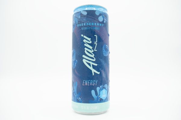 A wet blue can of Alani Nu energy drink.