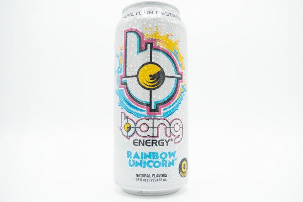 A wet white can of Rainbow Unicorn flavored Bang Energy.