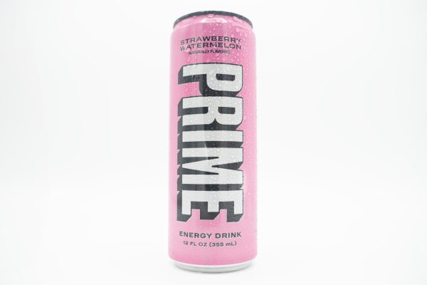 A wet pink can of strawberry watermelon-flavored Prime.