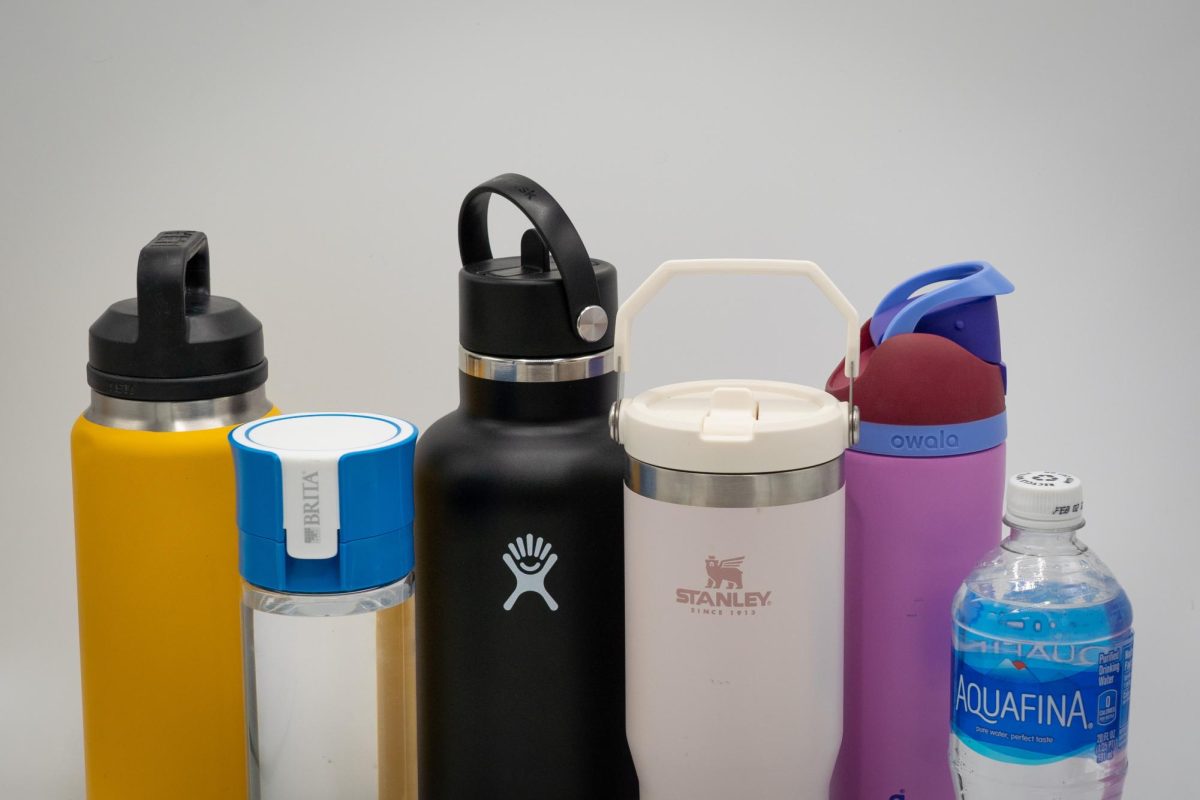Six water bottles lined up against a white background.