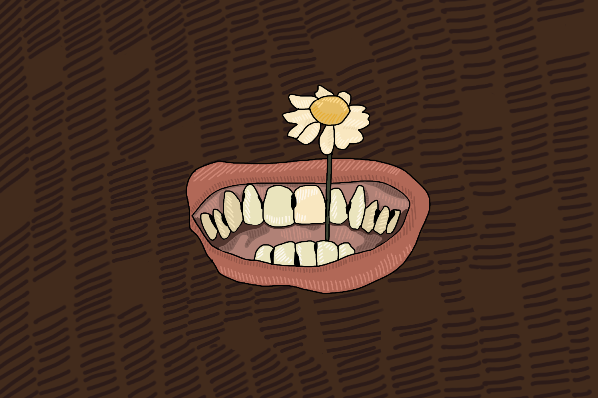 An illustration of a mouth smiling with a flower in it emerging from dirt.