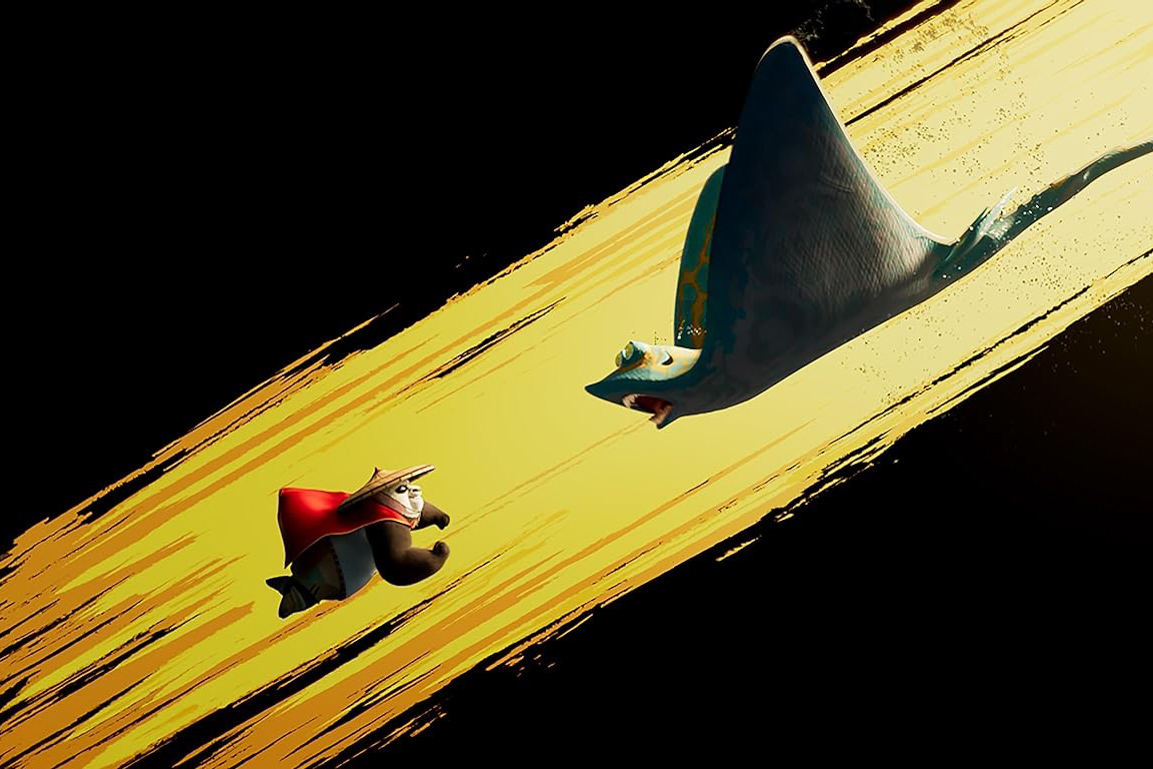 A cartoon panda with a straw hat and a red cape winds up a punch to a flying green stingray on a black background with a yellow flash.