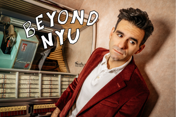 A man in a red velvet suit looks to the right next to a vintage music player. “BEYOND NYU” is in white font in the top left corner.