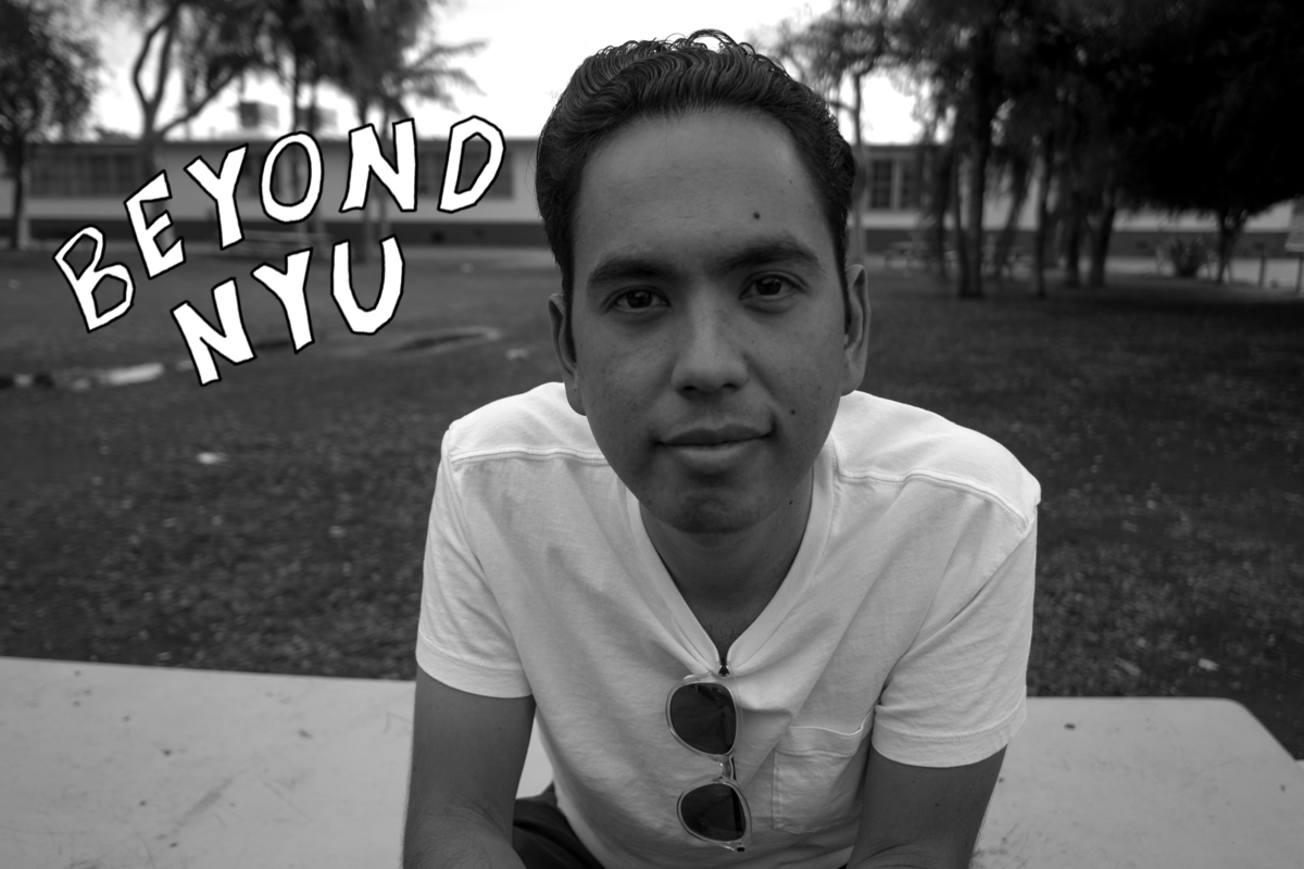 A graphic featuring a black-and-white portrait of a man with the hand-drawn words “BEYOND N.Y.U.” next to him.