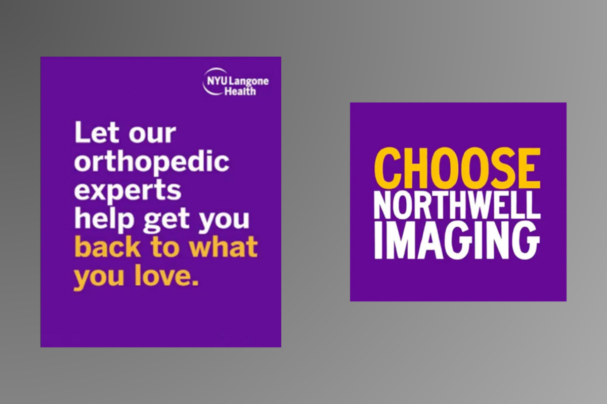 A graphic of two purple squares on a gray background with white and yellow text. The post on the left advertises Northwell Imaging, while the post on the right advertises NYU Langone Orthopedics.