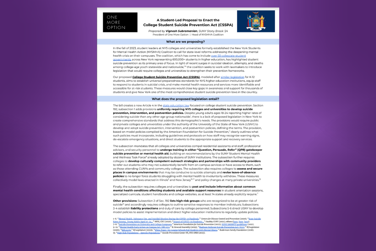 A document titled “A Student-Led Proposal to Enact the College Student Suicude Prevention Act (CSSPA)” on a purple gradient background.