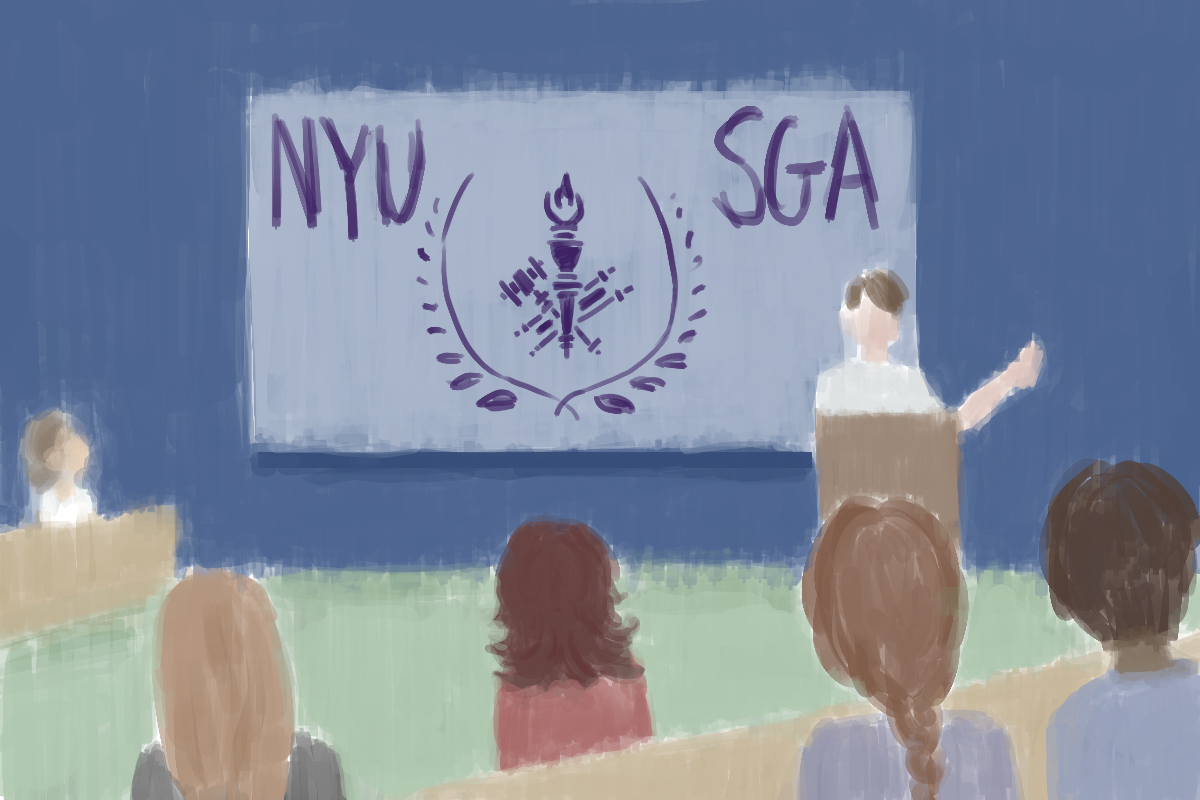 An+illustration+of+a+student+government+meeting.+A+person+speaks+behind+a+podium+with+an+N.Y.U.+flag+behind+them.