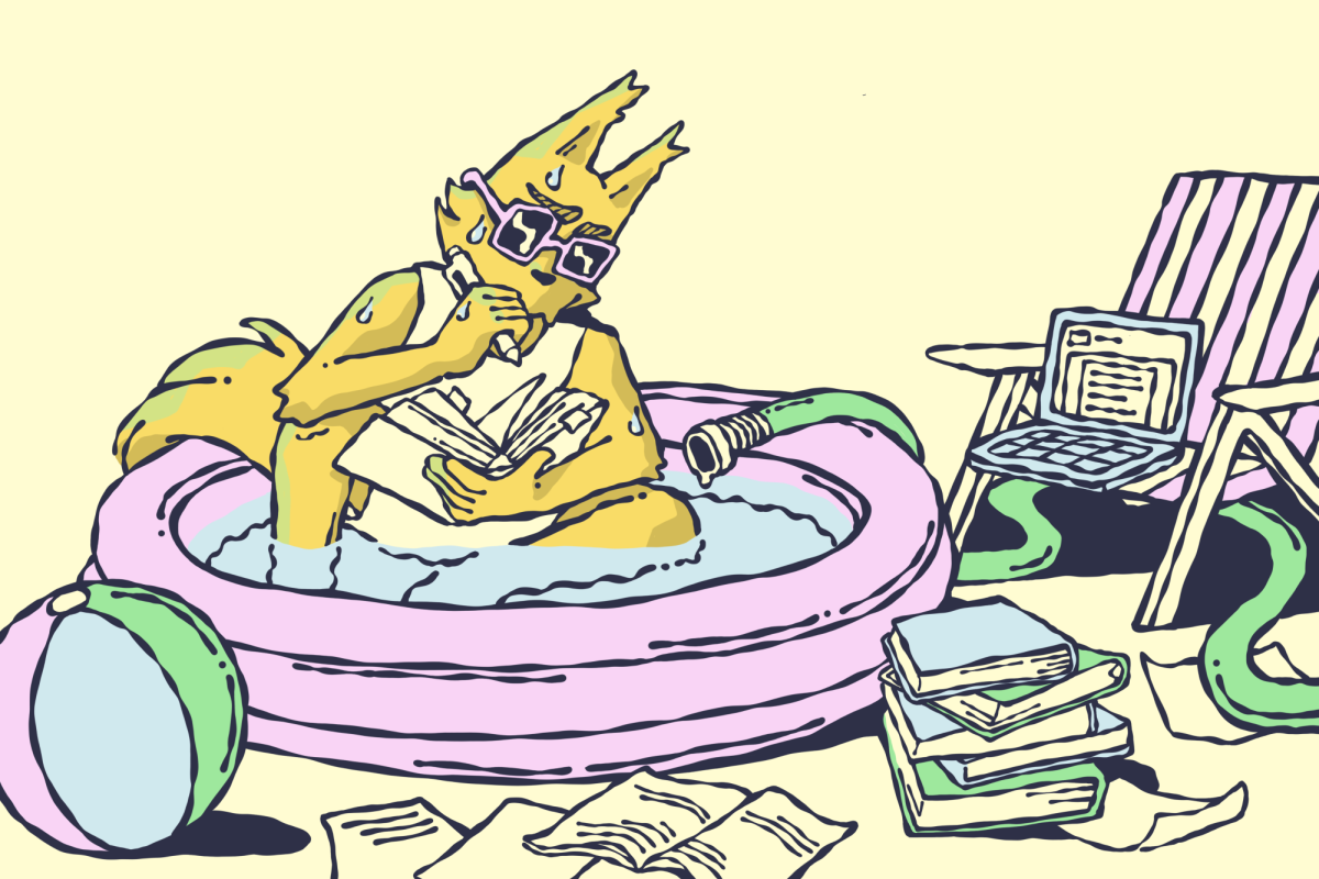 An illustration of an orange bobcat sitting in an inflatable pool studying.