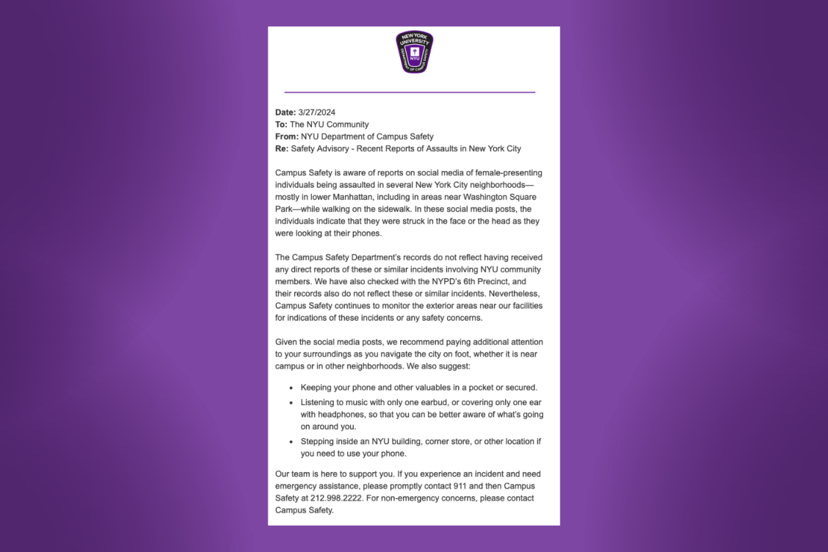 An email from N.Y.U.’s department of campus safety pasted on a purple background.