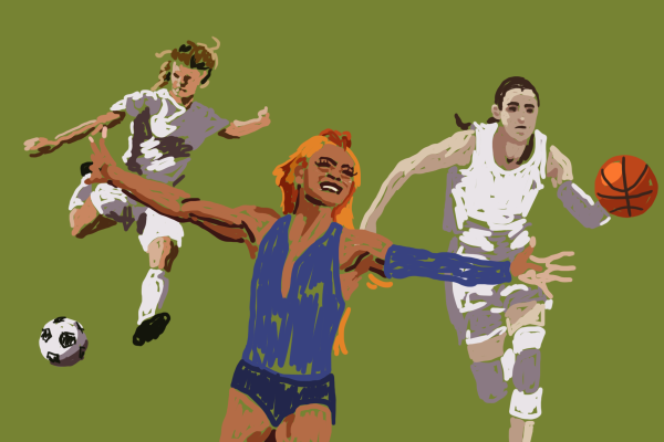 An illustration of one woman running, one playing basketball and one kicking a soccer ball.