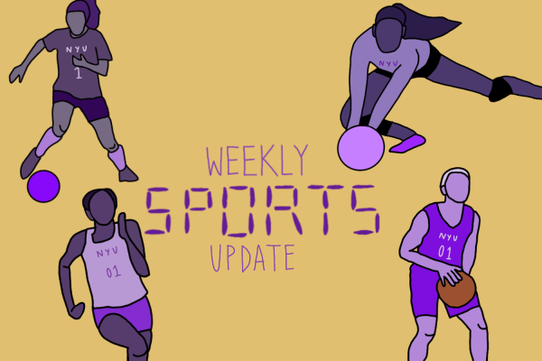 An illustration of purple players participating in volleyball, basketball, soccer and track on a yellow background.