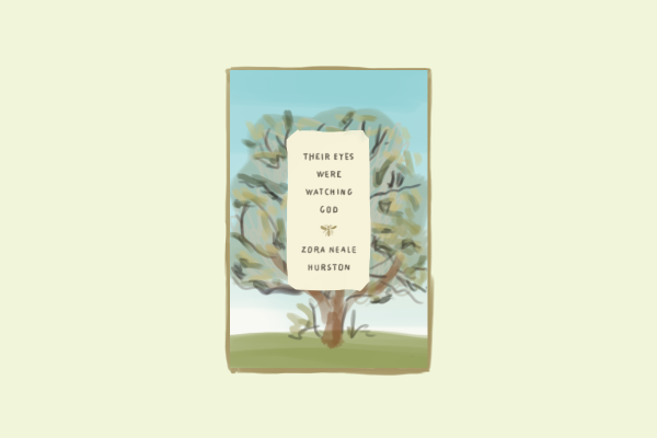 An illustration of a tree. On the tree is a banner with the words “THEIR EYES WERE WATCHING GOD” and “ZORA NEALE HURSTON.”
