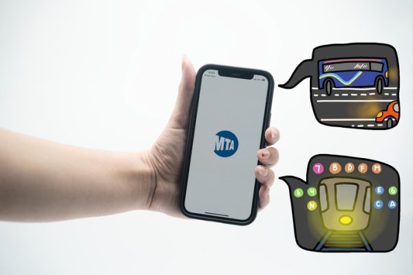 A hand holding a phone with the app “MTA TrainTime” open. An illustration of buses and the subway is coming out of the phone.