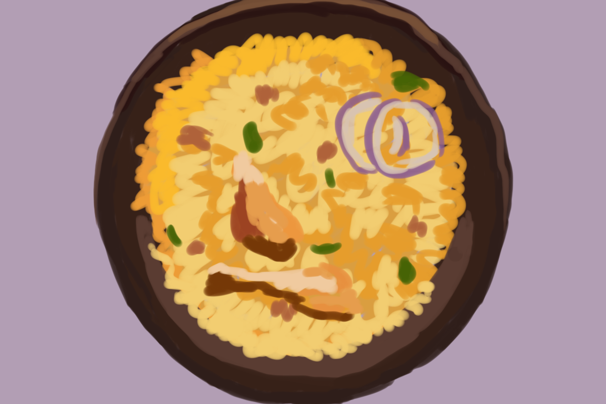 An illustration of a plate with yellow rice, chicken legs and red onion.