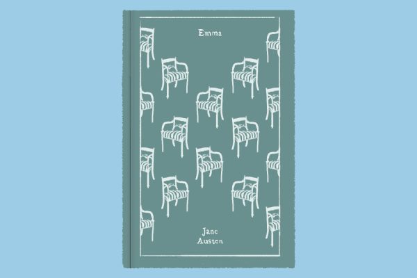 An illustration of a green book with several white chairs on it. “EMMA” and “JANE AUSTEN” are written in white.