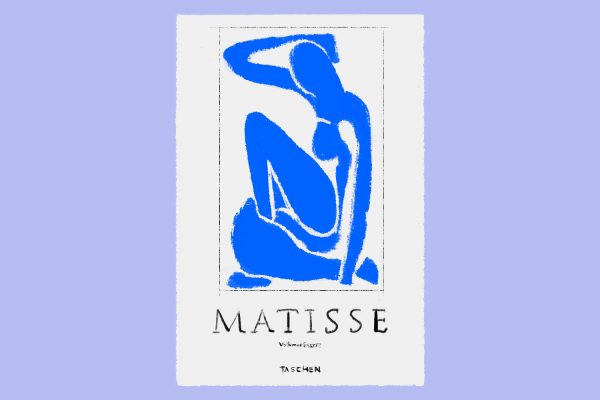 An illustration of a white book cover with a blue contorted body on it in a black box. On the cover, “MATISSE”, “VOLKMAR ESSERS” and “TASCHEN” are written in white.