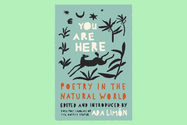 An illustration of a blue book with a deer jumping over shrubs drawn in black. The cover says “YOU ARE HERE” in white, “POETRY IN THE NATURAL WORLD” in orange and “EDITED AND INTRODUCED BY ADA LIMON” in black and white.
