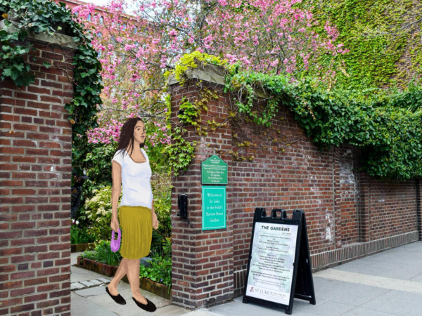 A person walking through a garden gate into a city street is wearing a white top, green midi skirt, and black ballet flats, while carrying a small pink purse.