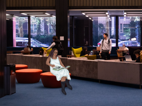 A person sitting in Bobst reading a book is wearing glasses, a white sundress and black boots.