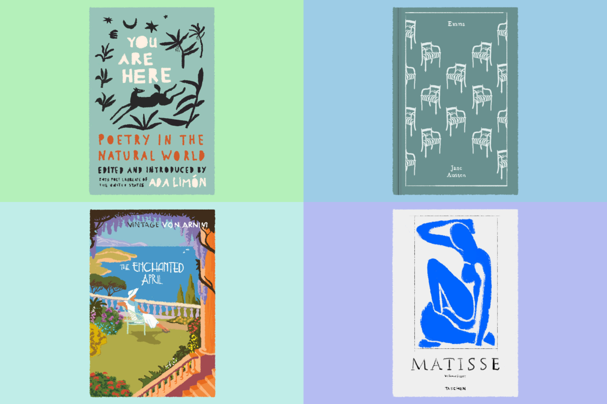 Collage of four illustrated books: on the top left is an illustration of a blue book with a deer jumping over shrubs drawn in black. The cover says “YOU ARE HERE” in white, “POETRY IN THE NATURAL WORLD” in orange and “EDITED AND INTRODUCED BY ADA LIMON” in black and white. On the top right there’s an illustration of a green book with several white chairs on it and the words “EMMA” and “JANE AUSTEN” written in white. On the bottom left there is an illustration of a book cover with a woman sitting in a garden of flowers overlooking the water. The cover says “THE ENCHANTED APRIL” in white and “VINTAGE VON ARNIM” in brown and white. On the bottom right there’s an illustration of a white book cover with a blue contorted body on it in a black box. On the cover, “MATISSE”, “VOLKMAR ESSERS” and “TASCHEN” are written in white.