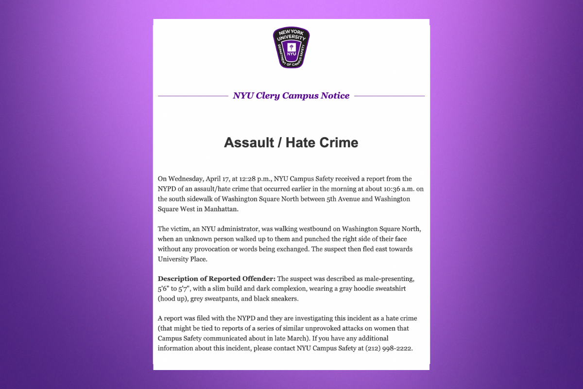An email from N.Y.U.’s department of campus safety pasted on a purple background.