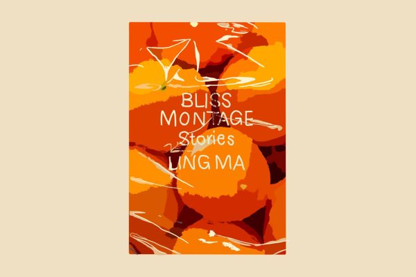 An illustration of a book cover filled with oranges under a plastic film. The title “BLISS MONTAGE Stories” lies on top of the film.