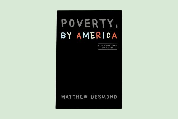 An illustration of a black book cover titled “POVERTY, BY AMERICA” on a light green background.