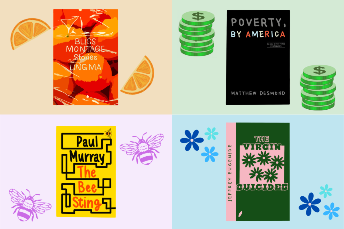 Collage of four illustrated books: on the top left is an illustration of a book cover filled with oranges under a plastic film. The title “BLISS MONTAGE Stories” lies on top of the film. On the top right is an illustration of a black book cover titled “POVERTY, BY AMERICA” on a light green background. On the bottom left is an illustration of a book cover with a black, bold line across it. A bee is in the top right corner, along with the title “The Bee Sting” written between the lines. On the bottom right is an illustration of a dark green book cover with a pink box in the center, titled “THE VIRGIN SUICIDES.” There are five dark green flowers in the box and one of them has a missing petal. A pink petal is in the bottom left corner.